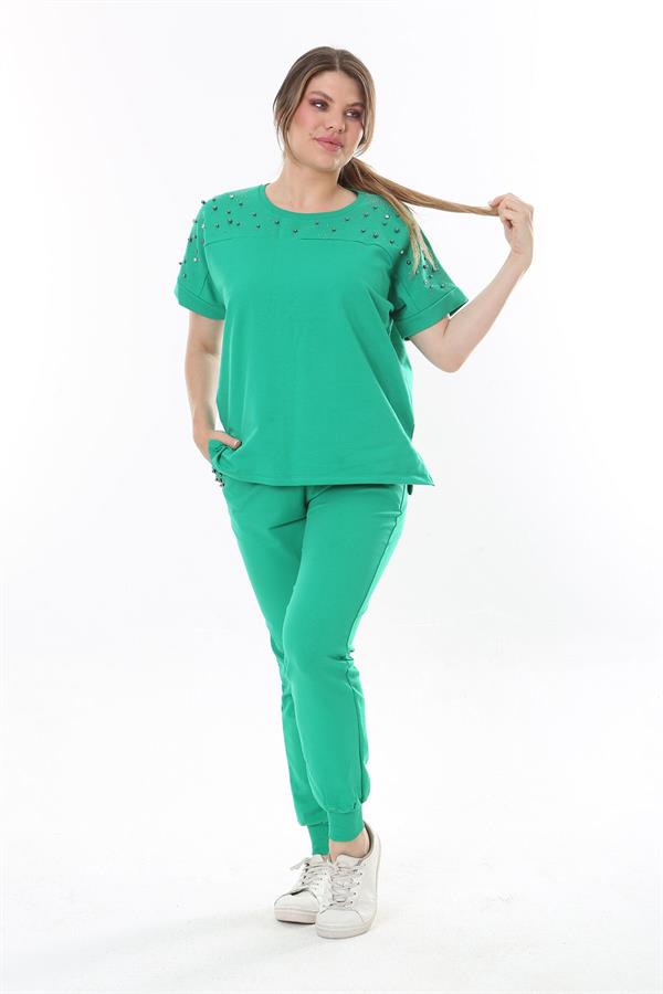 Kadın Büyük Beden Saks Taş Detaylı Kısa Kollu Sweatshirt Pantolon Takım 65N37702