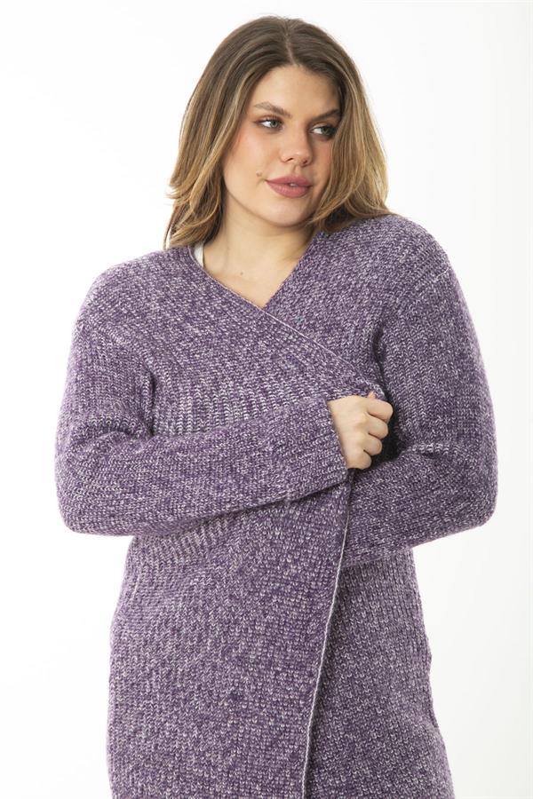 Kadın Büyük Beden Mor Yırtmaçlı Kalın Triko Uzun Hırka 65N37166