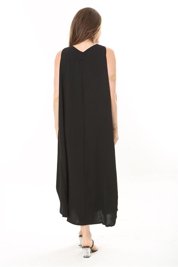 Kadın Büyük Beden Siyah Yan Boy Ayarlı Kolsuz Uzun Elbise 65N37885