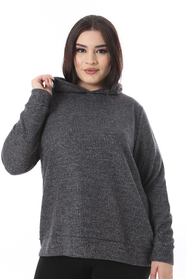 Kadın Büyük Beden Antrasit Yün Viskon Kumaş Kapşonlu Sweatshirt 65N38520