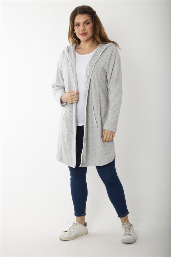 Kadın Büyük Beden Gri Kup Ve Vep Detaylı Kapşonlu Hırka 65N37183