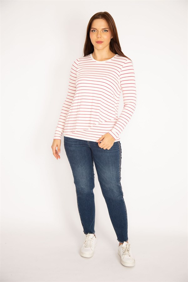 Kadın Kırmızı Önü Anvelop Çizgili Bluz 65N34917