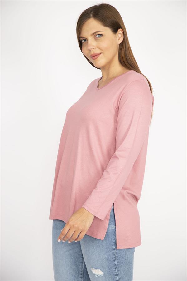 Kadın Somon Büyük Beden V Yakalı Yan Yırtmaçlı Uzun Kollu Bluz