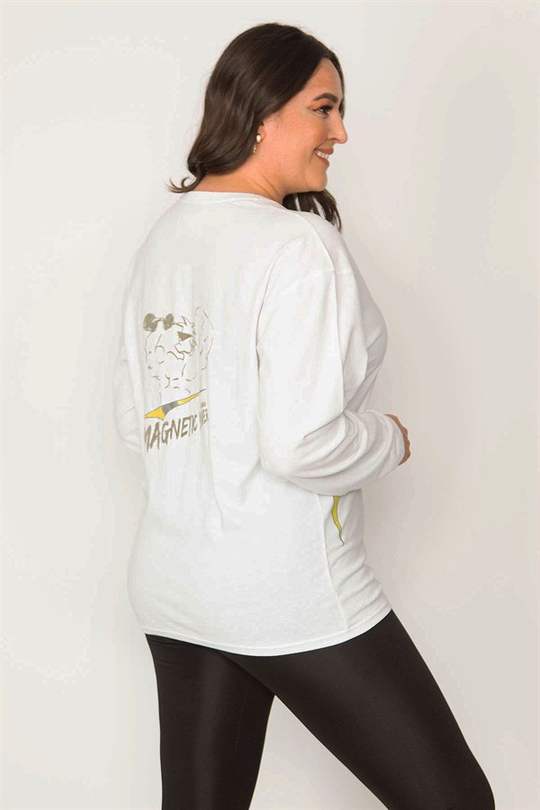 Kadın Kemik Pamuklu Kumaş Bisiklet Yakalı Sırt Baskı Detaylı Sweatshirt 65N31024