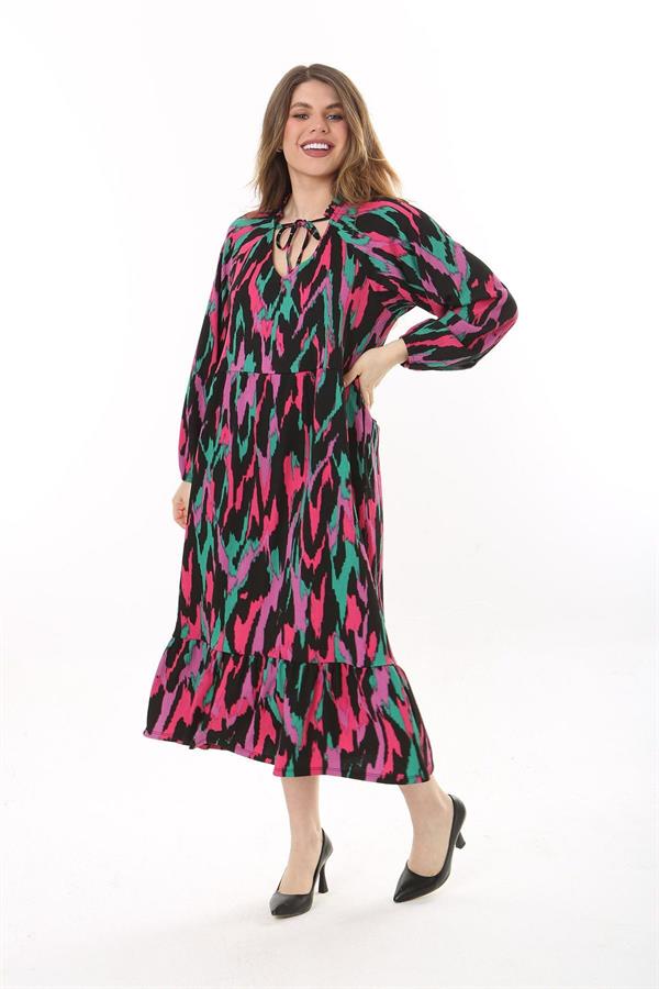 Kadın Büyük Beden Renkli V Yakalı Bürümcük Kumaş Uzun Kollu Katlı Elbise 65N37621