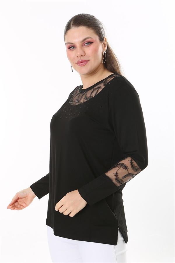 Kadın Büyük Beden Siyah Taş Ve Pul Payet Tül Detaylı Uzun Kollu Bluz 65N37693