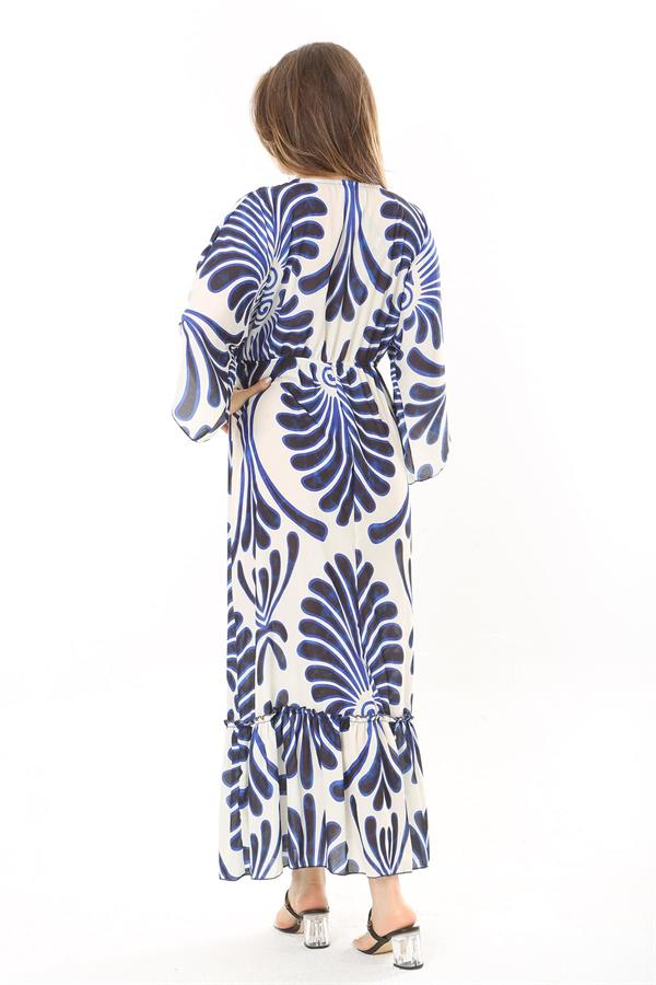 Kadın Büyük Beden Mavi Yakası Taş Detaylı Etek Ucu Katlı Krep Elbise 65N37907