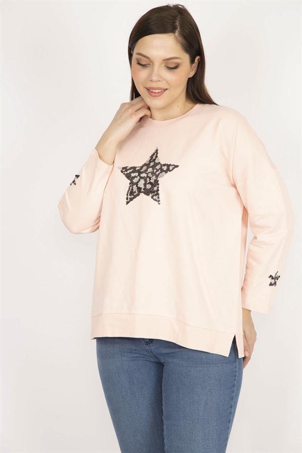 Kadın Pembe Büyük Beden Payet Detaylı Sweatshirt