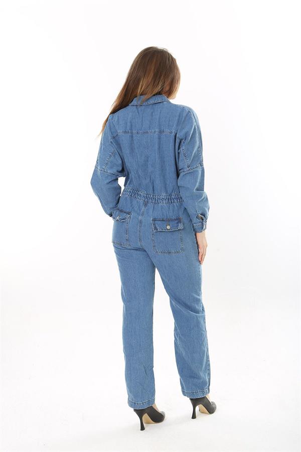 Kadın Büyük Beden Mavi Ön Düğmeli Bel Kısmı Lastik Detaylı Göğüs Ve Arka Cepli Kot Tulum 65N37574