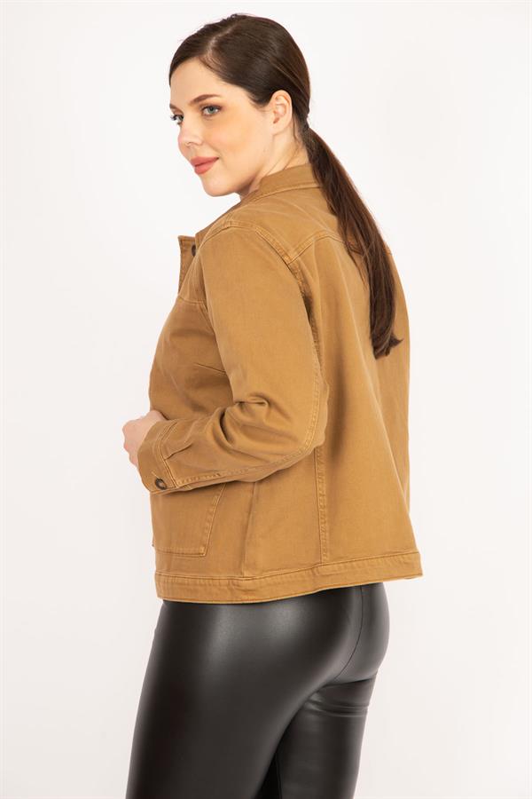 Women's Tan Plus Size Gabardine Fabric Front Button Zipper and Pocket Detailed Coat