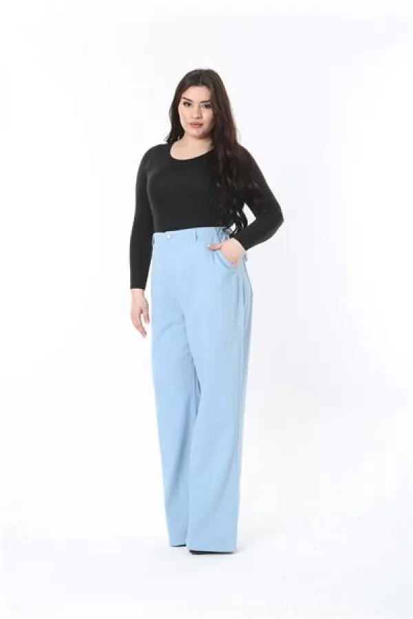 Kadın Büyük Beden Mavi Yüksek Bel Kargo Cepli Geniş Paçalı Kot Pantolon 65N38896