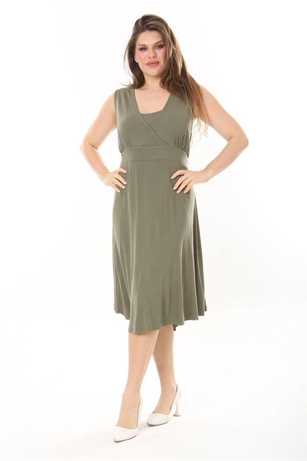 Kadın Haki Anvelop Yakalı Arka Bel Lastikli Kolsuz Likralı Viskon Elbise 65N37872