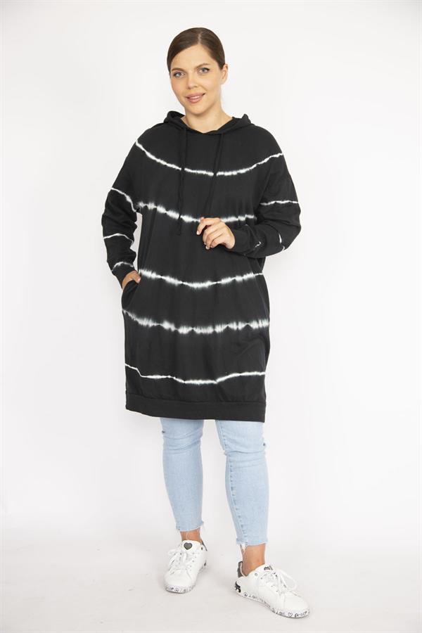 Kadın Büyük Beden Siyah Batik Desenli Kapşonlu Uzun Sweatshirt
