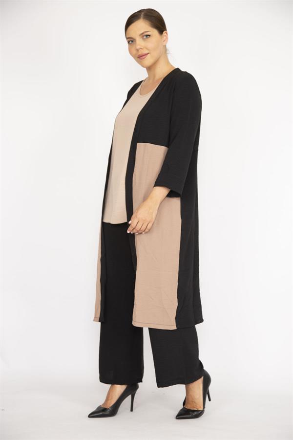 Kadın Büyük Beden İndigo Hırka İç Bluz Ve Pantolon Üçlü Takım