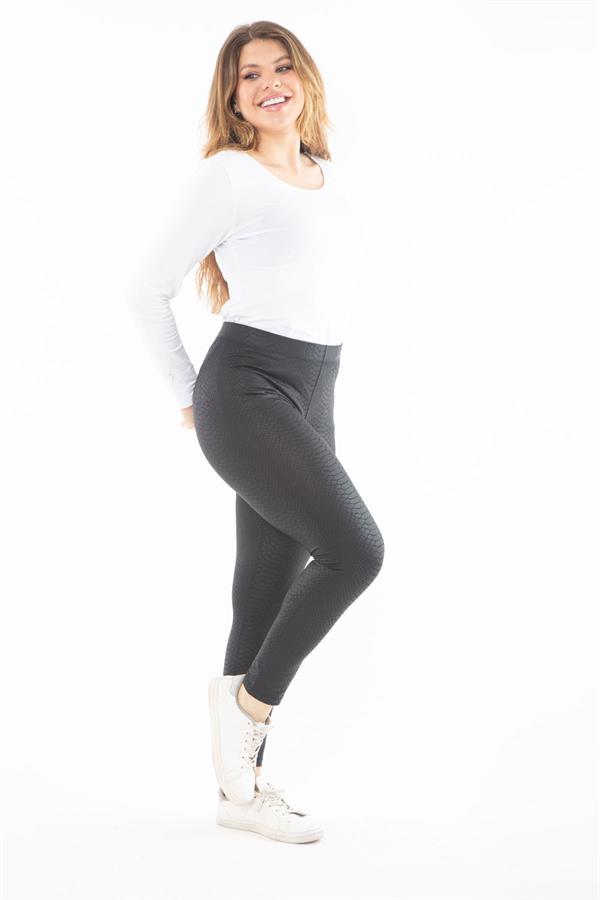 Kadın Büyük Beden Siyah Deri Görünümlü Desenli Tayt 65N37312