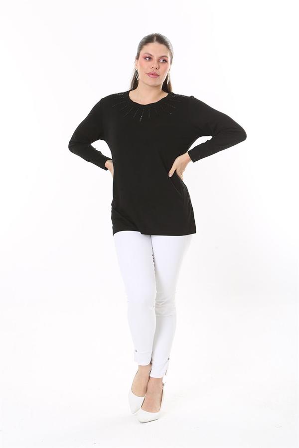 Kadın Büyük Beden Siyah Taş Ve Arka Robası Dantel Detaylı Uzun Kollu Bluz 65N37694