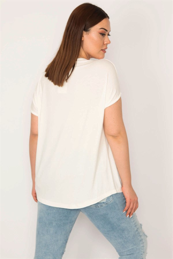 KADIN KEMİK V YAKALI ÖNÜ BASKI VE TAŞ DETAYLI KISA KOLLU BLUZ