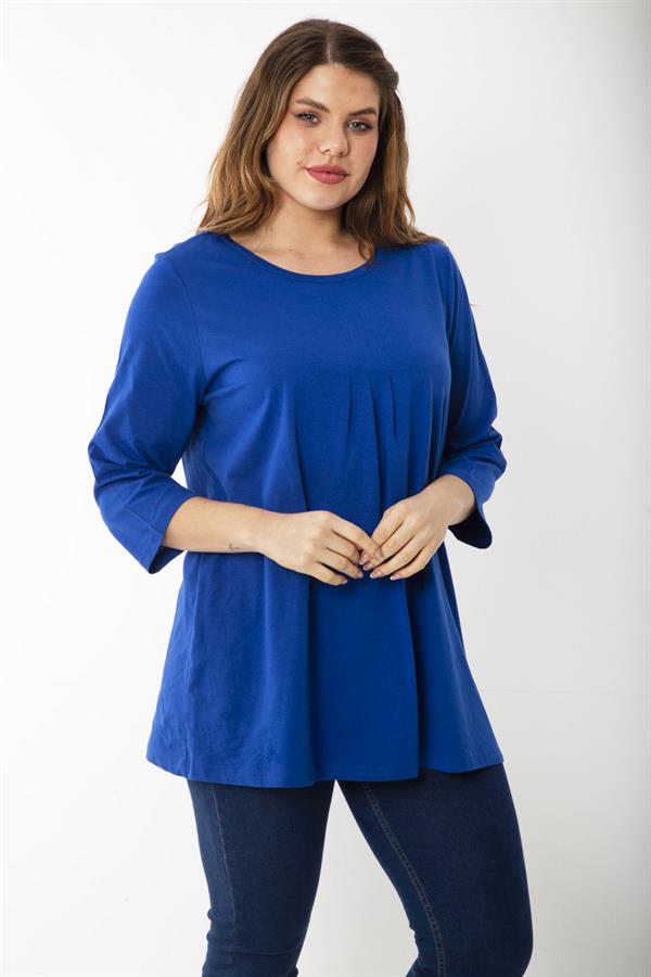 Kadın Büyük Beden Kemik Pamuklu Kumaş Pile Detaylı Kapri Kollu Bluz 65N37225