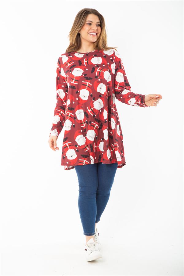 Kadın Büyük Beden Bordo Noel Desenli Tunik Elbise 65N37426