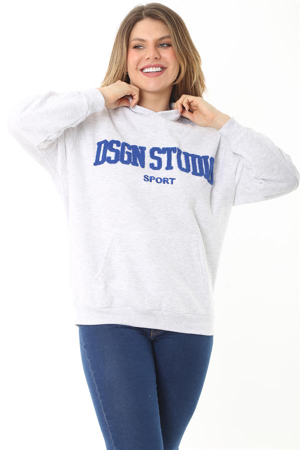 Women's Plus Size Gray Inside Raised 3 Thread Embroidery Detailed Hooded Sweatshirt 65N37126