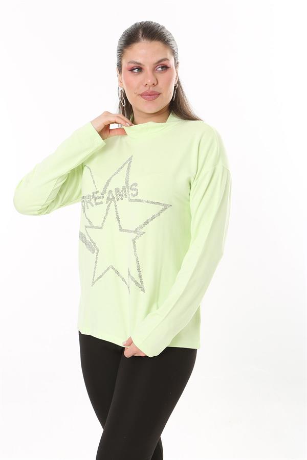 Kadın Büyük Beden Yeşil Sıfır Yaka Taş Detaylı Uzun Kollu Bluz 65N37708