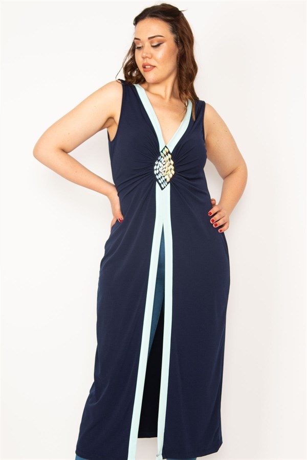 Kadın Lacivert Göğsü Taş Detaylı Kap 65N33205