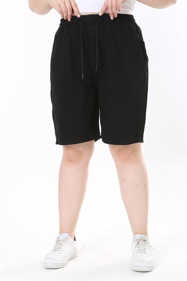 Kadın Büyük Beden Siyah Beli Lastikli 4 Cepli Kot Şort 65N38068