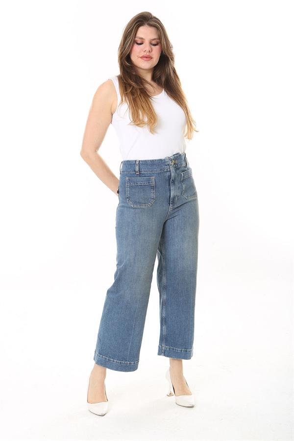 Kadın Büyük Beden Mavi Yüksek Bel 4 Cepli Likralı Kot Pantolon 65N37923