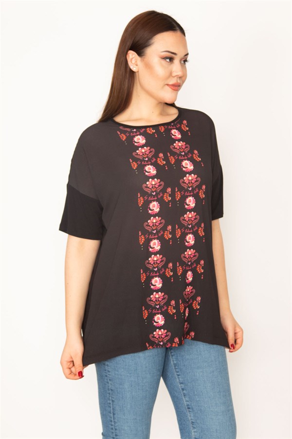 KADIN SİYAH ÖN DESENLİ KISA KOLLU BLUZ