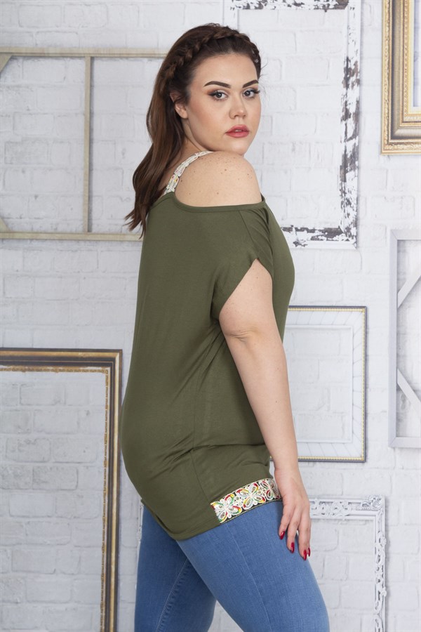 Kadın Haki Omuz Dekolteli Askı Ve Etek Ucu Payet Dantel Detaylı Bluz 65N22701