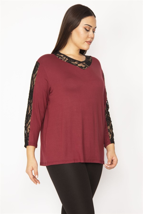 Kadın Mürdüm Dantel Detaylı Bluz 65N29505