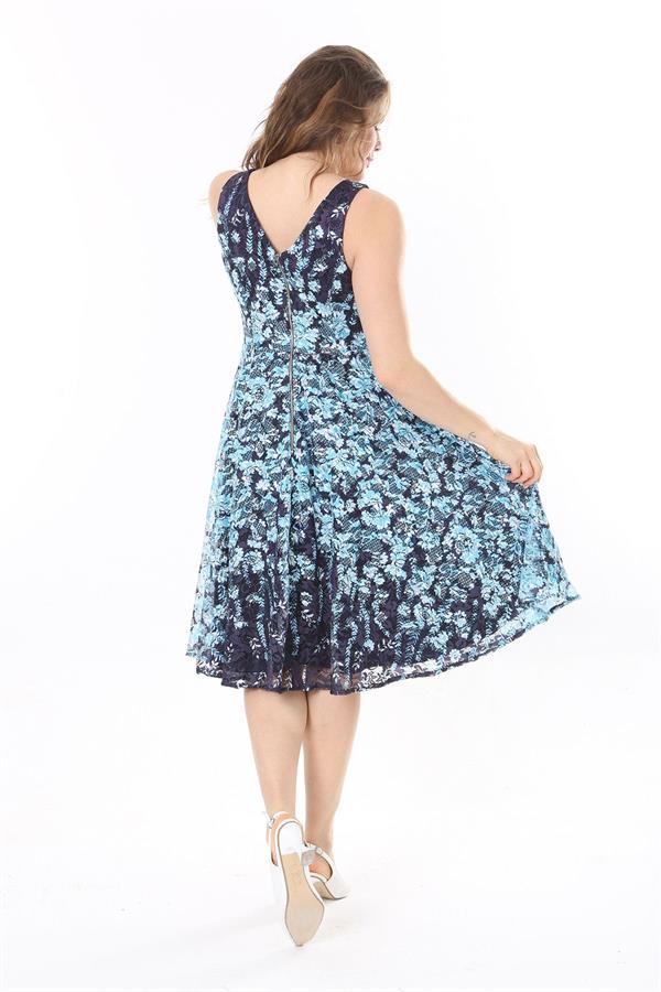 Kadın Büyük Beden Mavi Arka Fermuarlı Astarlı Dantel Elbise 65N37983