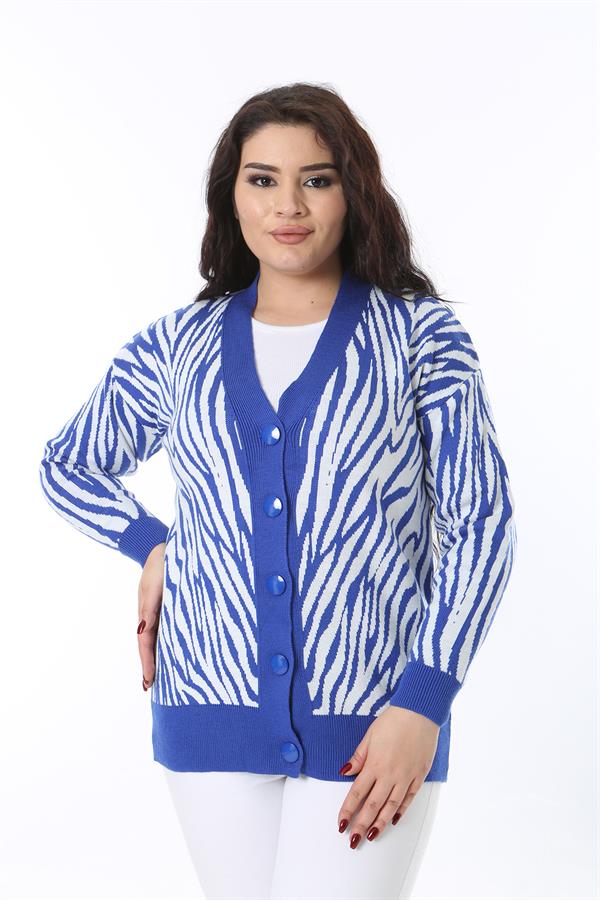 Kadın Büyük Beden Saks Ön Düğmeli Triko Hırka 65N38566