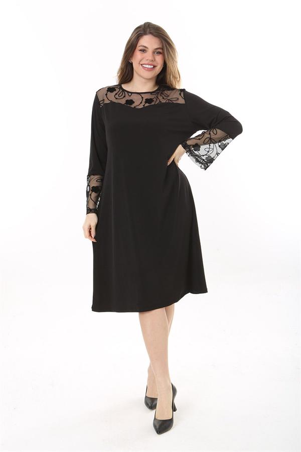 Kadın Büyük Beden Siyah Dantel Detaylı Elbise 65N37660