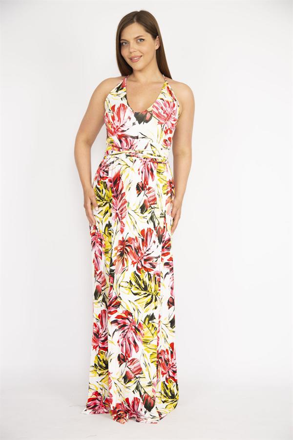 Kadın Büyük Beden Renkli Sırt Dekolteli Anvelop Yakalı Uzun Elbise 65N37264