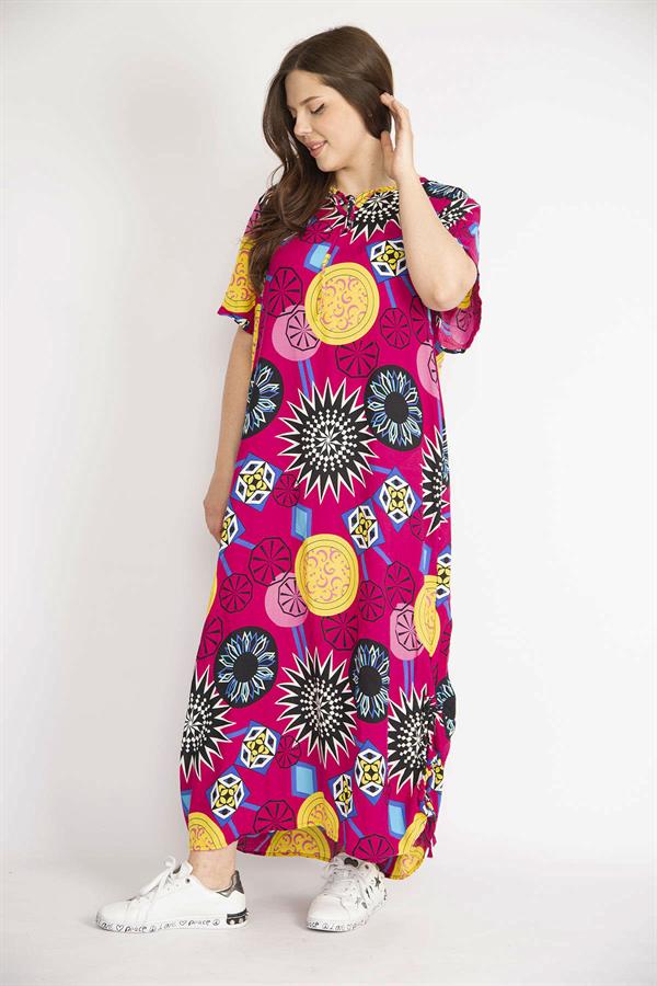 Kadın Fujya Büyük Beden Dokuma Viskon Kumaş Yaka Ve Yırtmacı Bağcık Detaylı Uzun Elbise