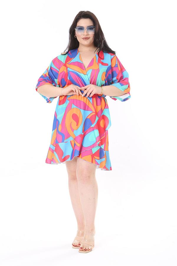 Kadın Büyük Beden Renkli Anvelop Yakalı Etek Ucu Volanlı Yarasa Kollu Elbise 65N37934