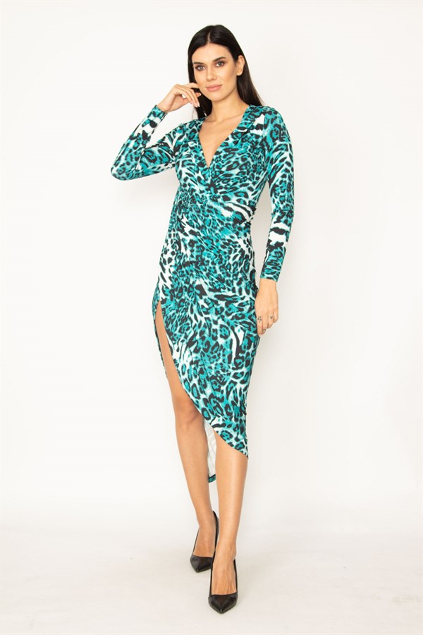 ROBE FENTE À IMPRIMÉ LÉOPARD VERT POUR FEMME