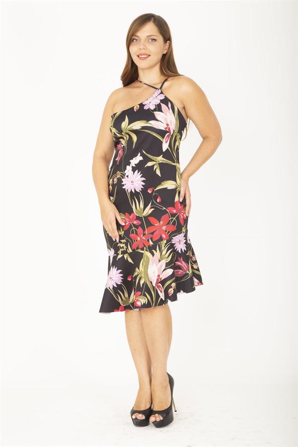 Kadın Büyük Beden Renkli Scuba Kumaş Eteği Volanlı Askılı Elbise 65N36852