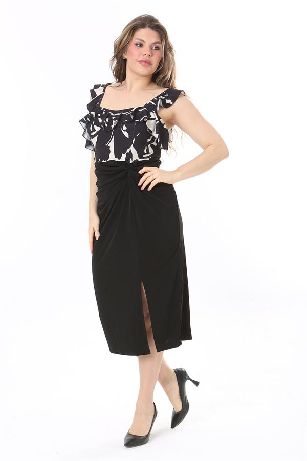 Kadın Büyük Beden Siyah Ön Yırtmaçlı Elbise 65N37989