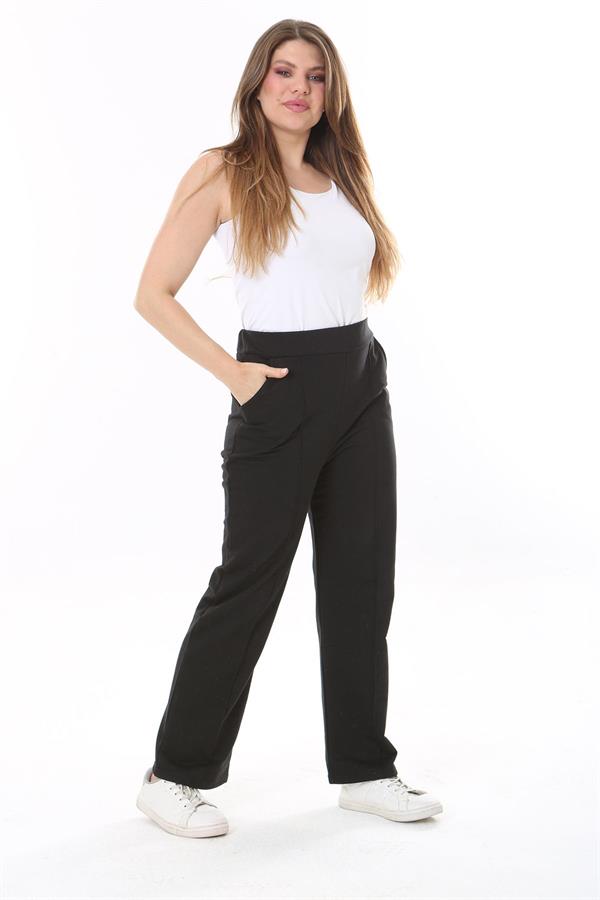 Kadın Büyük Beden Siyah Ütü İzi Çima Dikişli Yan Cepli Pantolon 65N37902