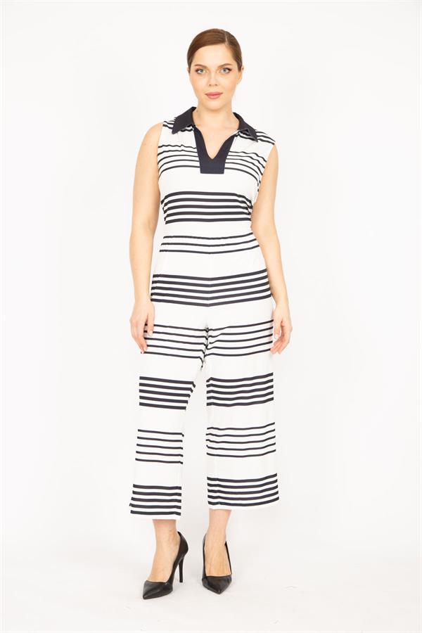 Kadın Lacivert Büyük Beden V Ayakalı Arkası Gizli Fermuarlı Tulum