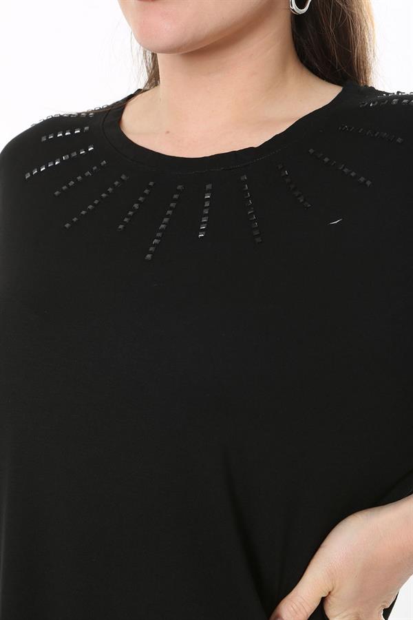 Kadın Büyük Beden Siyah Taş Ve Arka Robası Dantel Detaylı Uzun Kollu Bluz 65N37694