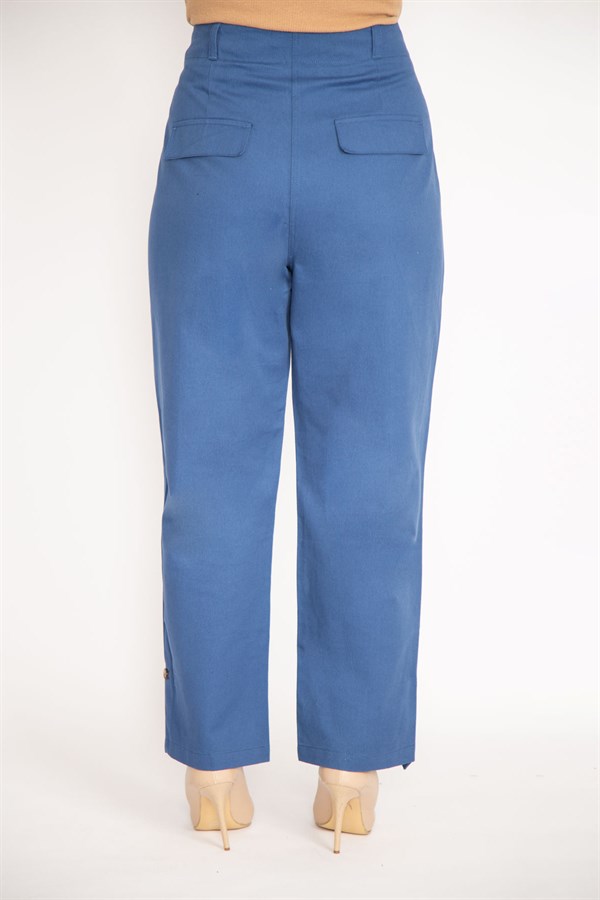 Kadın İndigo Ön Cepli Paçası Düğme İle Duble Paça Boy Ayarlı Gabardin Kumaş Pantolon 65N34888