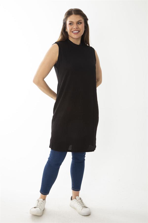 Kadın Büyük Beden Siyah Kaşkorse Kumaş Sıfır Yaka Yaka Kolsuz Uzun Bluz 65N37096