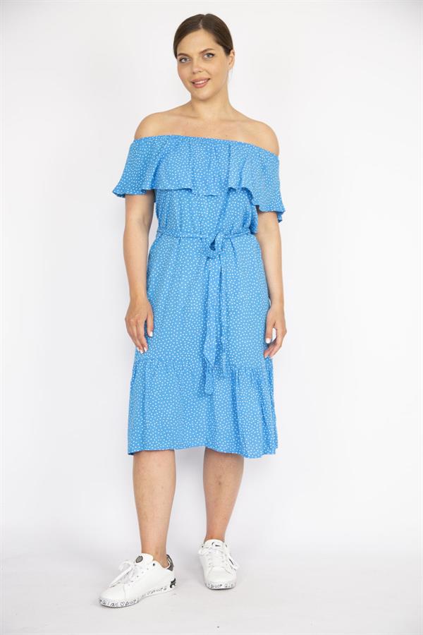 Kadın Mavi Büyük Beden Dokuma Viskon Kumaş Madonna Yaka Kuşaklı Elbise