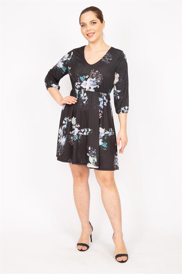 Kadın Siyah V Yakalı Bel Ve Kol Ağzı Lastikli Elbise 26A35828