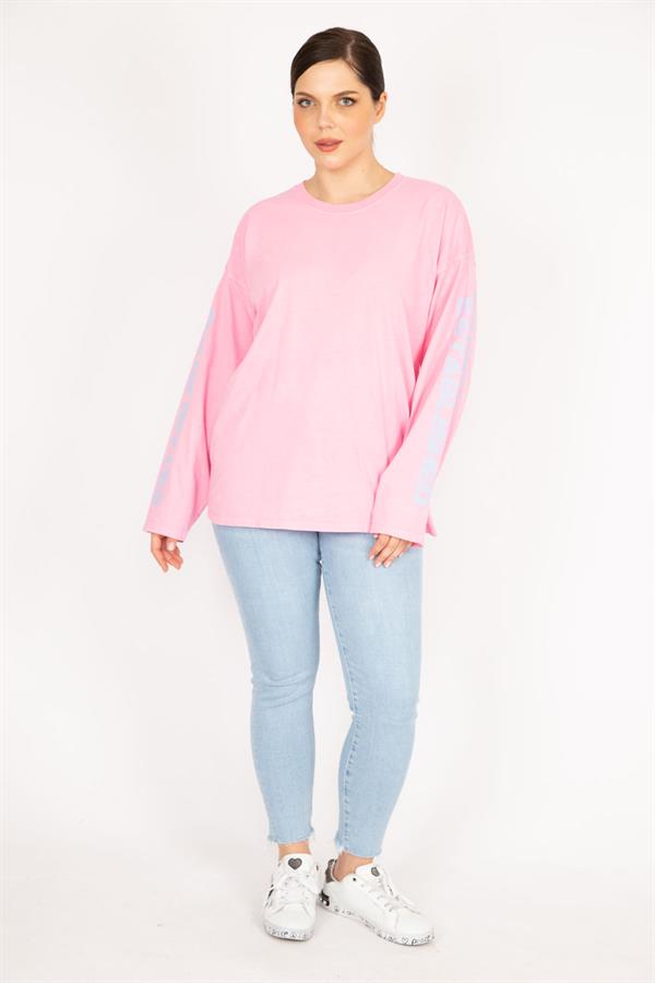 Kadın Bej Büyük Beden Kol Baskılı Sweatshirt