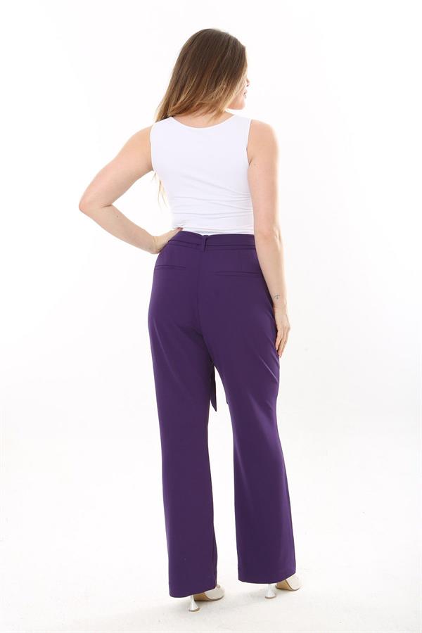 Kadın Büyük Beden Mor Yan Cepli Beli Kuşaklı Likralı Klasik Pantolon 65N37568