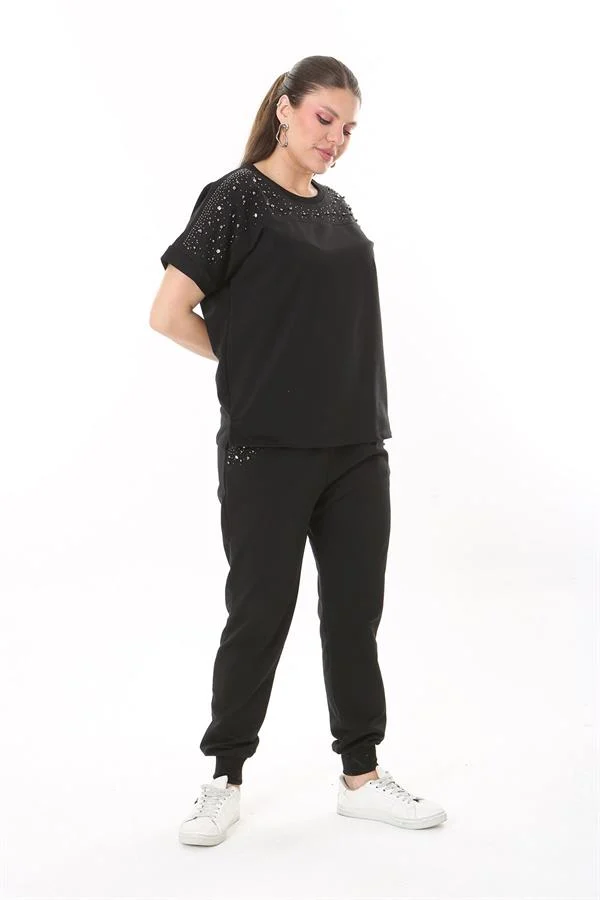 Kadın Büyük Beden Saks Taş Detaylı Kısa Kollu Sweatshirt Pantolon Takım 65N37702